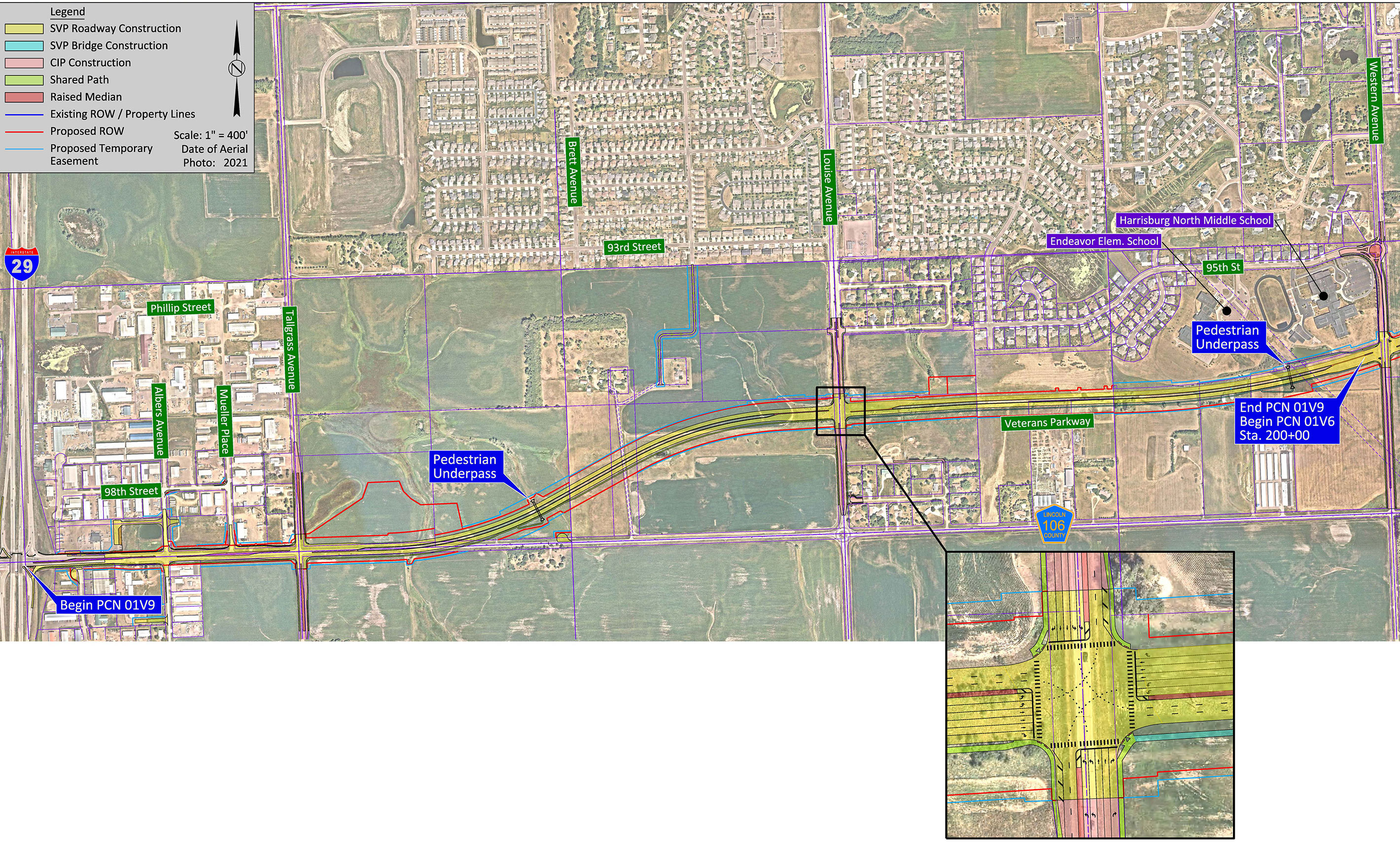 Aerial map showing a roadway construction plan along Veterans Parkway in Sioux Falls. The roadway runs east-west from Interstate 29 to Western Avenue. The map highlights planned road work, bridge construction, shared use paths, pedestrian underpasses, property boundaries, and proposed right of way areas in different colors. Surrounding neighborhoods and open land are outlined for context.